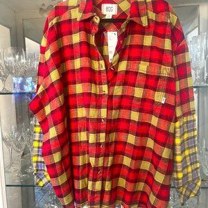 UO OVERSIZED PINK GREEN One Way Or Another Plaid Flannel Button-Down